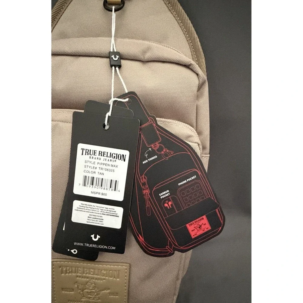 True Religion Pippen Tan Sling Crossbody Bag Adult Zip Adjustable Strap NEW